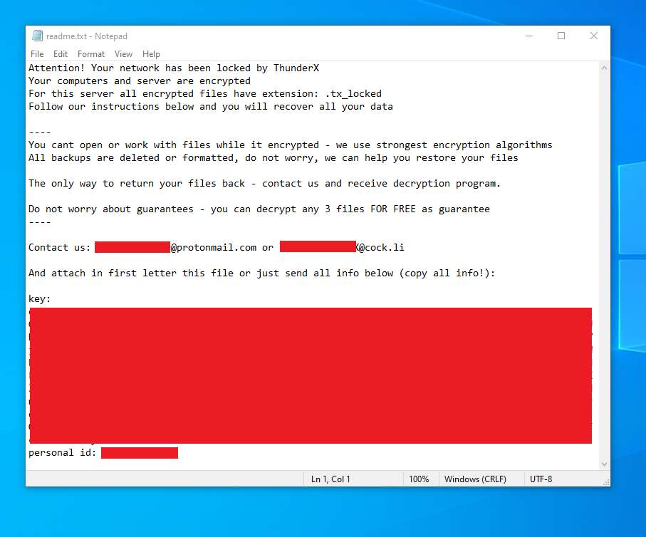 screenshot ThunderX ransomware note